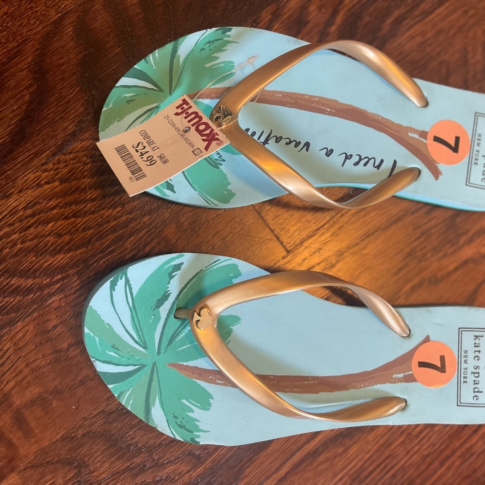Kate Spade Gold & Blue Palm Tree Flip Flops NWT Size 7